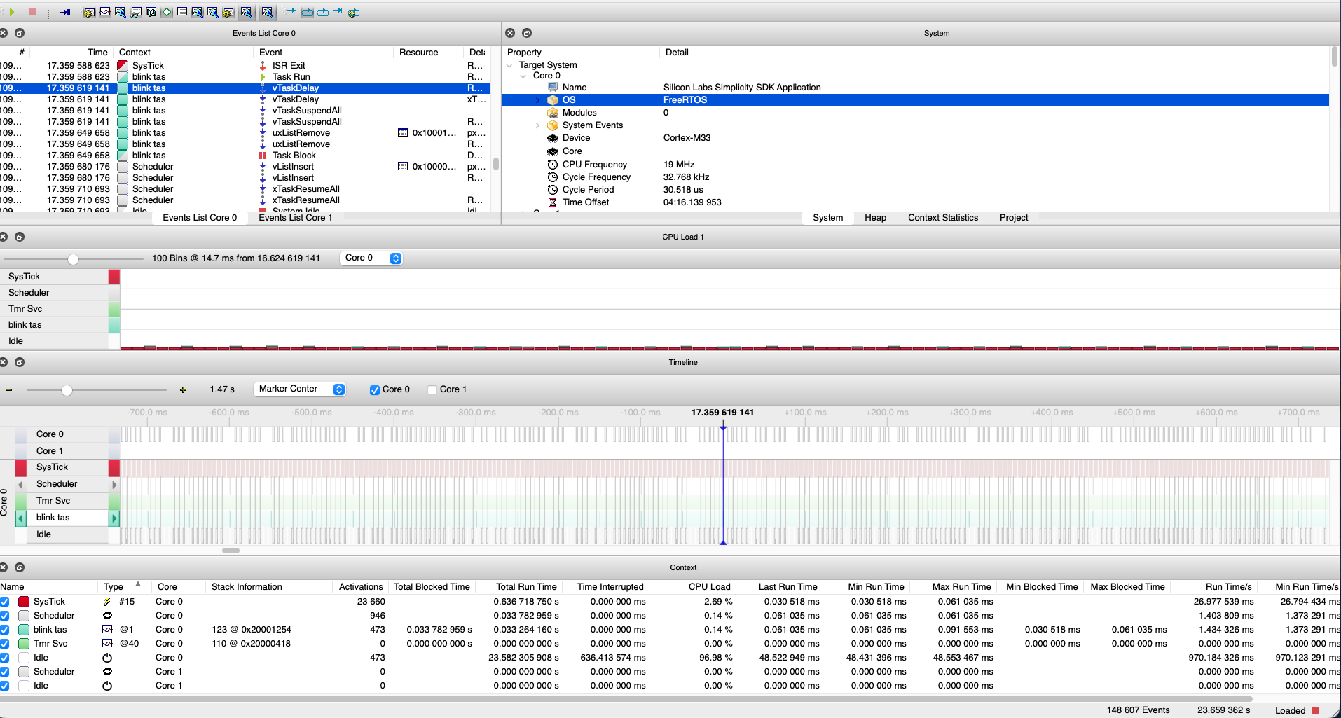 SystemView recording overview with Events List, CPU Load, Timeline, and Context views