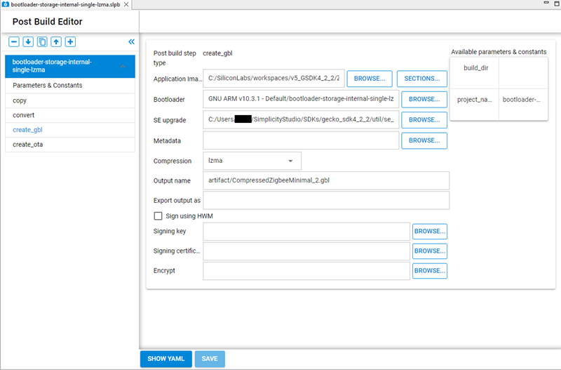 post build editor EFR32MG24 GBL Task