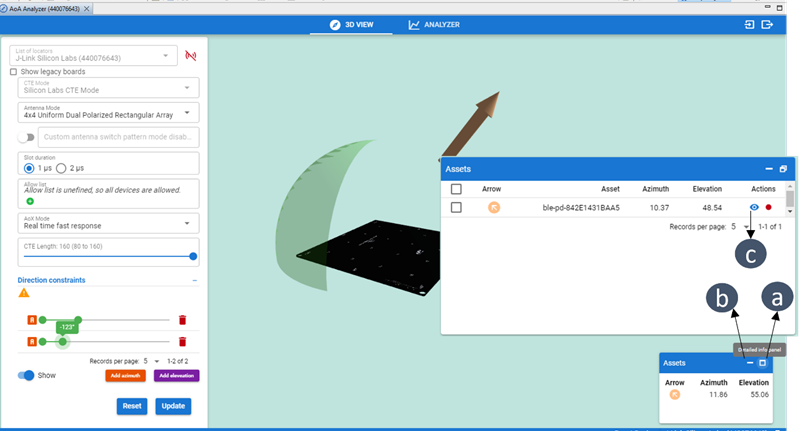 AoA Analyzer Displaying the Direction of an Asset Tag in 3D VIEW