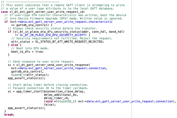 Handling the Write to OTA Control Characteristic in C Code