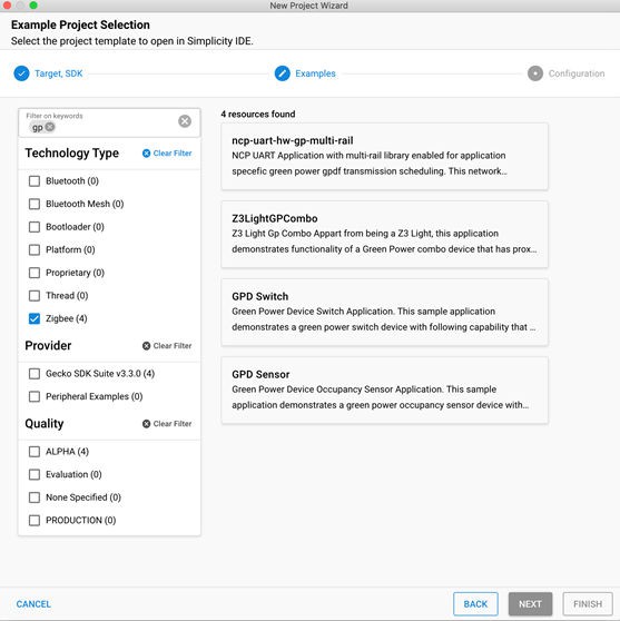 Green Power examples in the Simplicity Studio Project Wizard