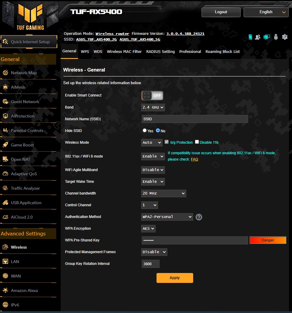 ASUS TUF Gaming AX5400 Dual-band Wi-fi 6 configuration