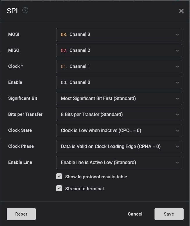 SPI configuration in Saleae logic analyzer configuration