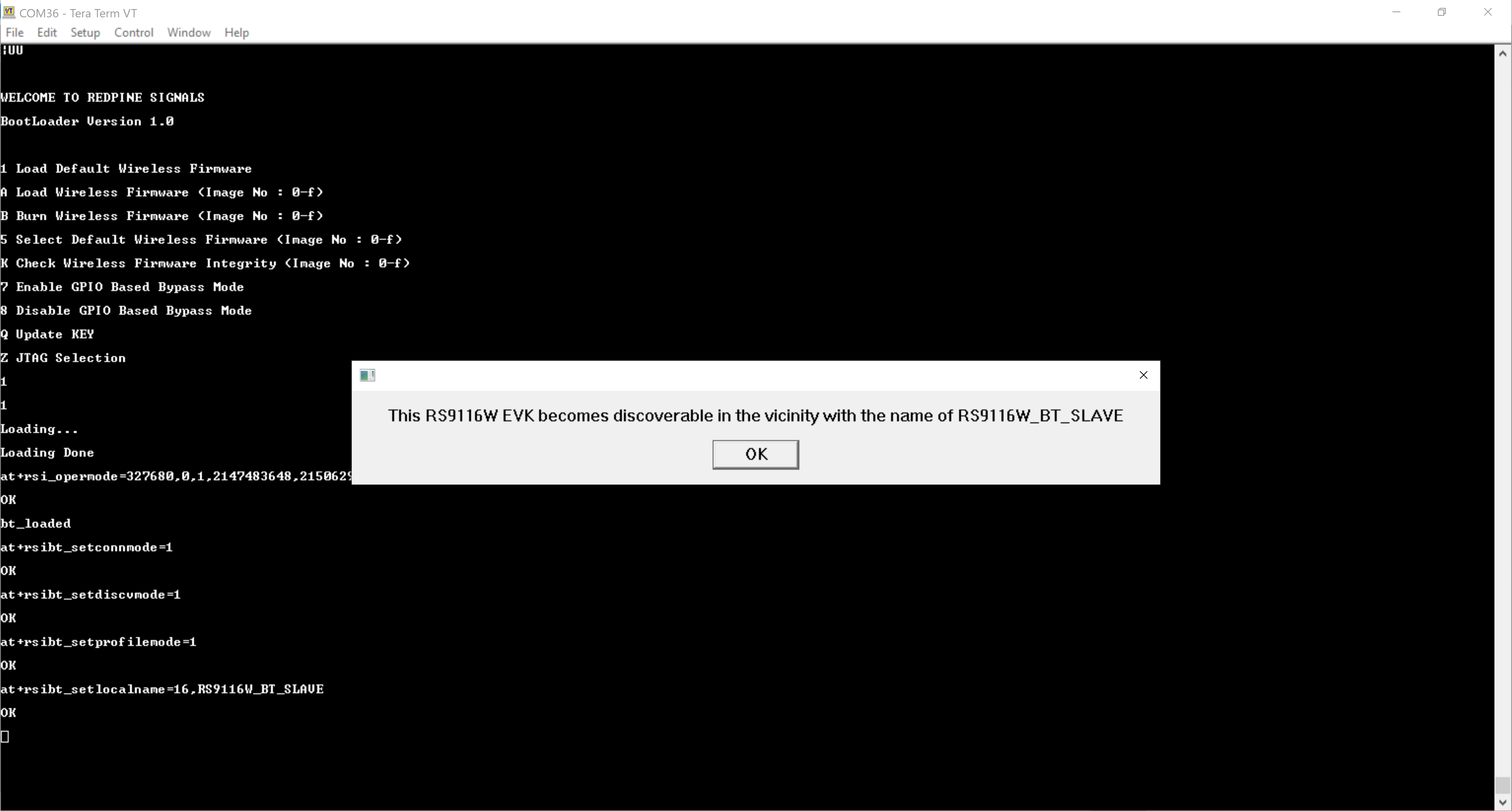 RS9116W device in discoverable and connectable mode