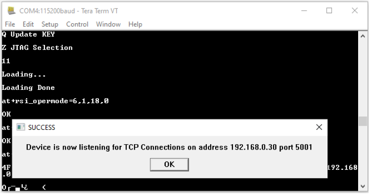Server IP address and port number confirmation message