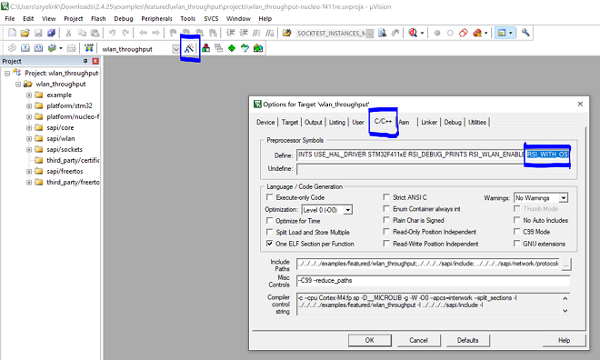 Figure: project settings in Keil IDE