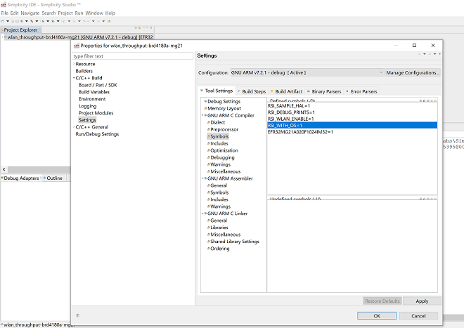 Figure: project settings in Simplicity Studio