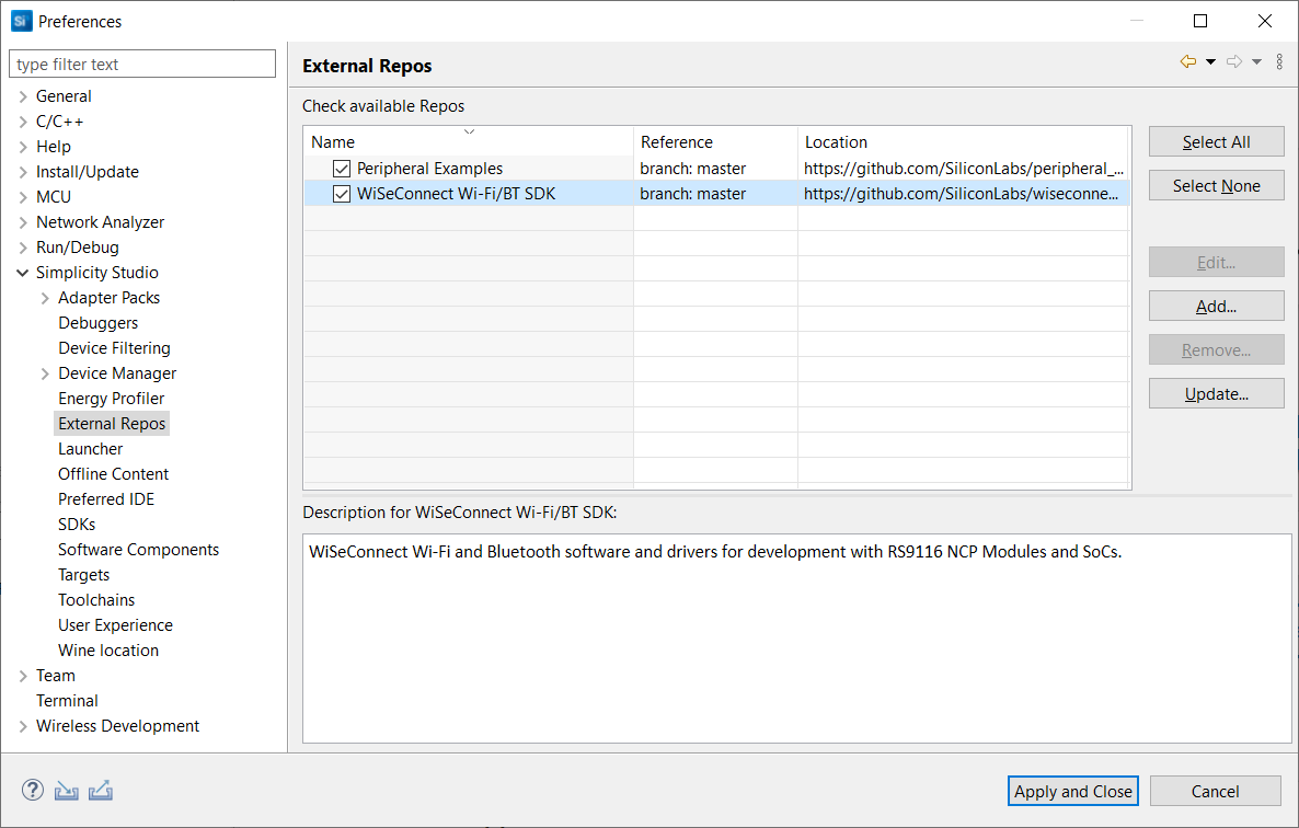 Simplicity Studio External Repo Settings