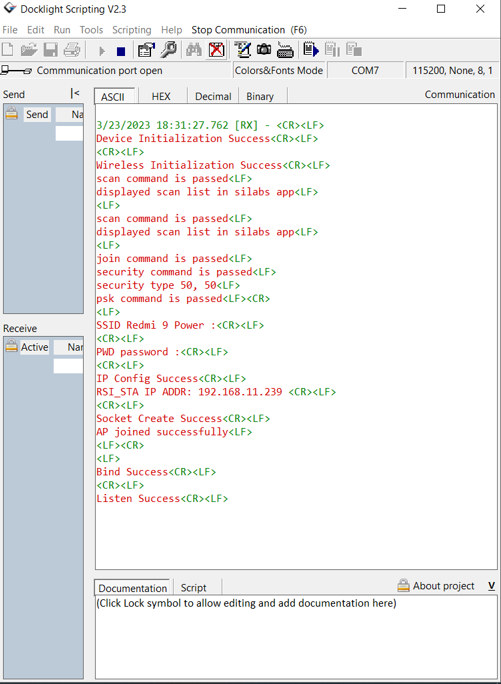 Docklight Console logs