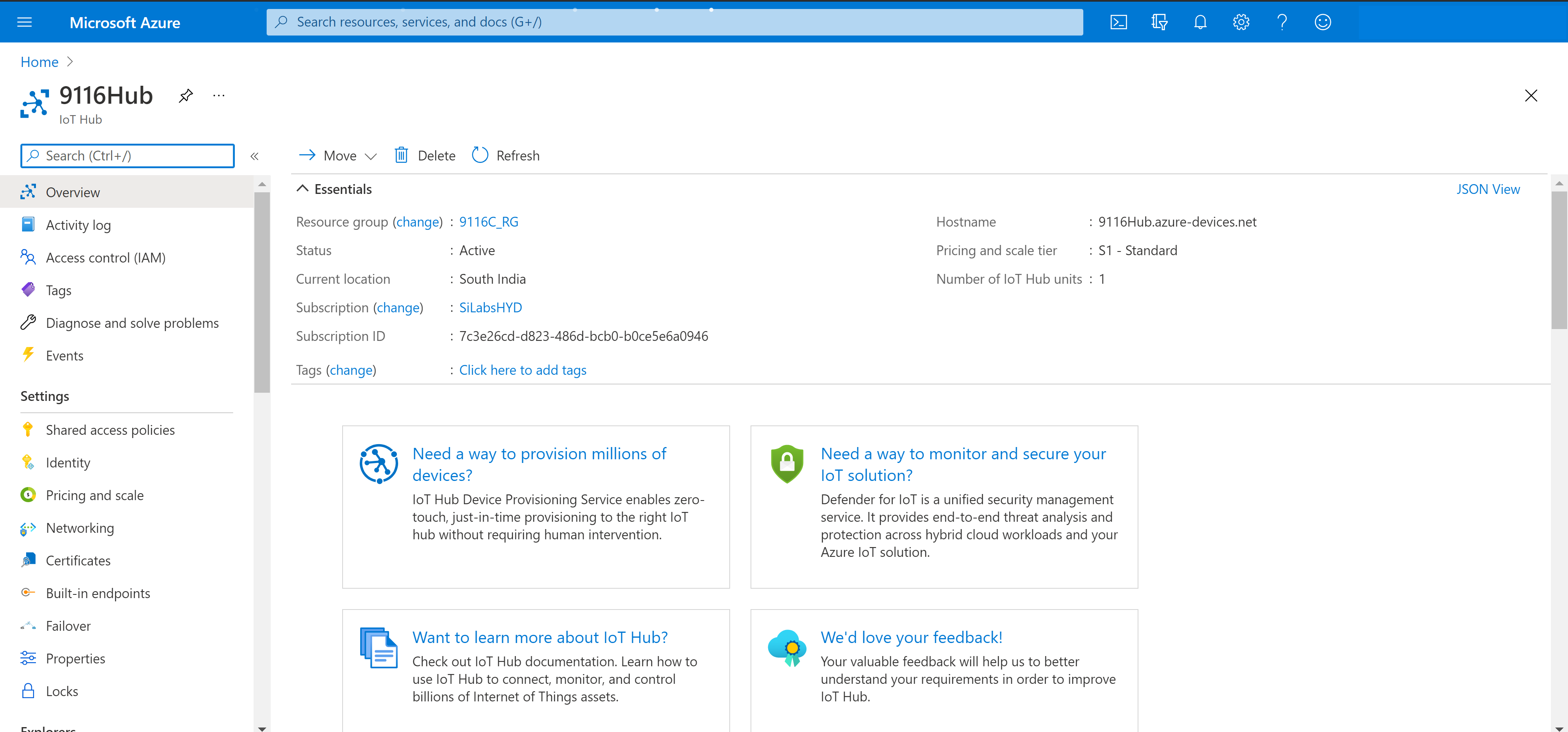 IoT Hub Resource page