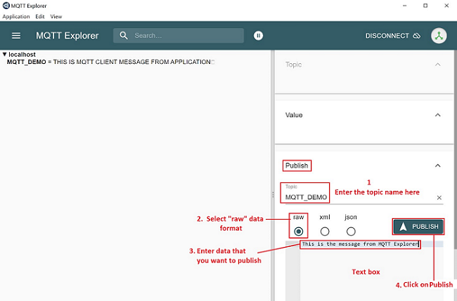 To publish a message using MQTT Explorer