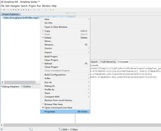 Figure: project settings in Simplicity Studio