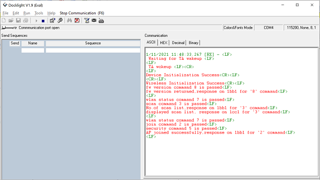 Docklight Console logs