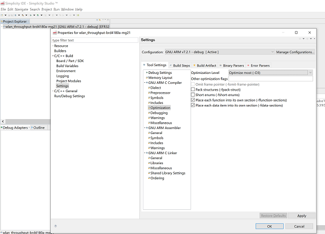 project settings in Simplicity Studio