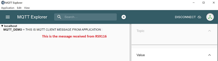 MQTT Explorer receives the message published by the RS9116W EVK