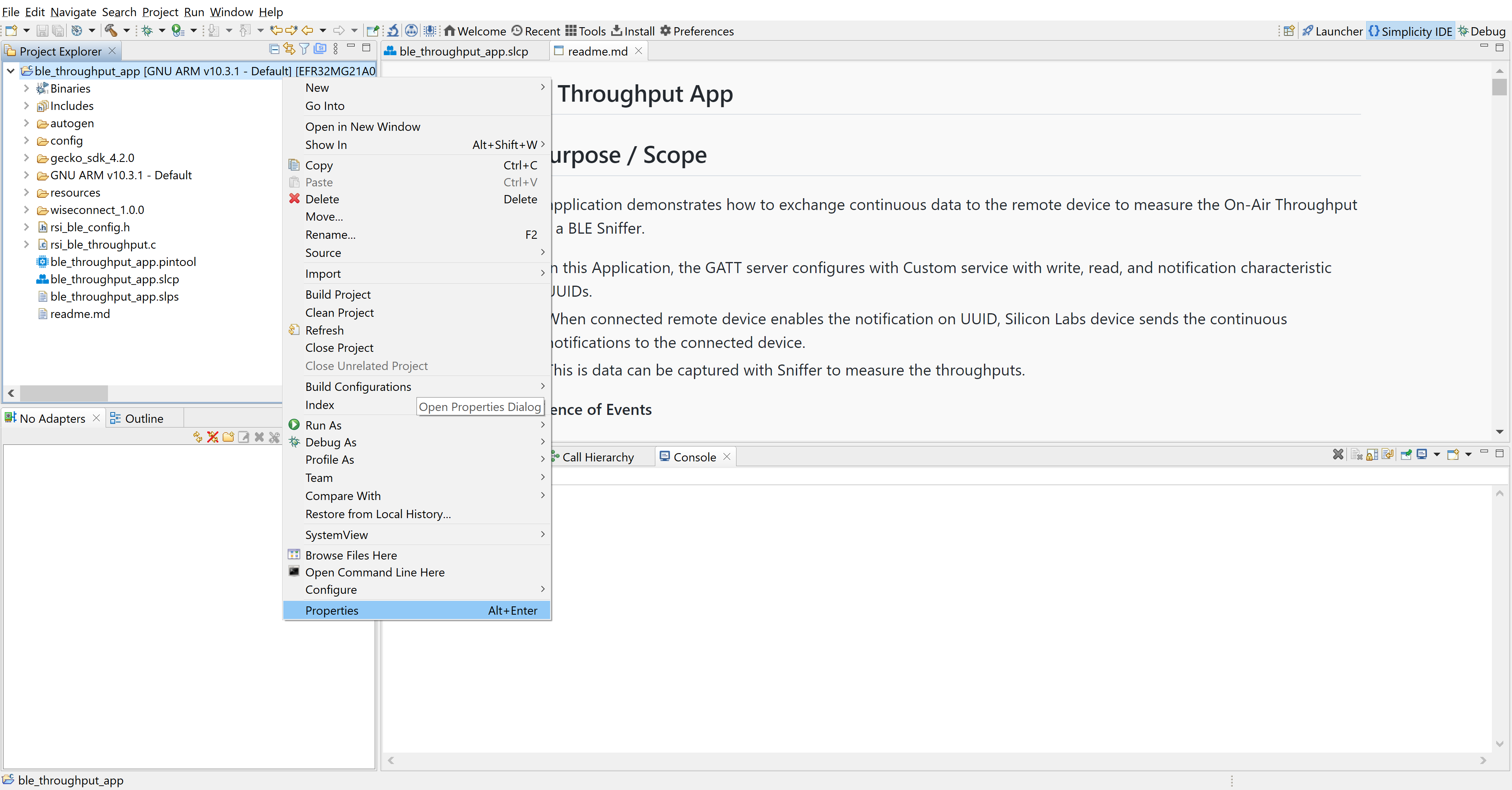 Figure: project settings in Simplicity Studio