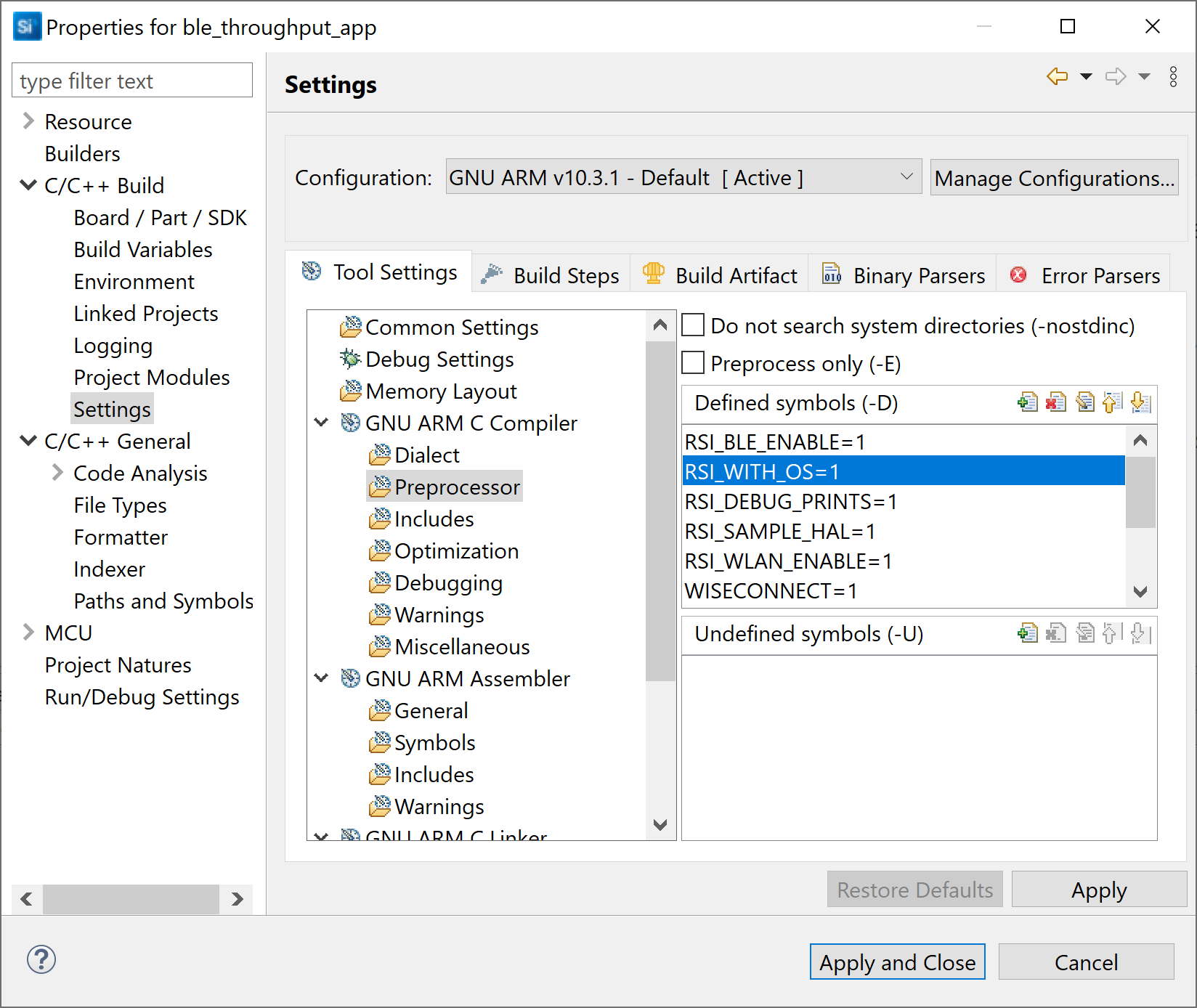 Figure: project settings in Simplicity Studio