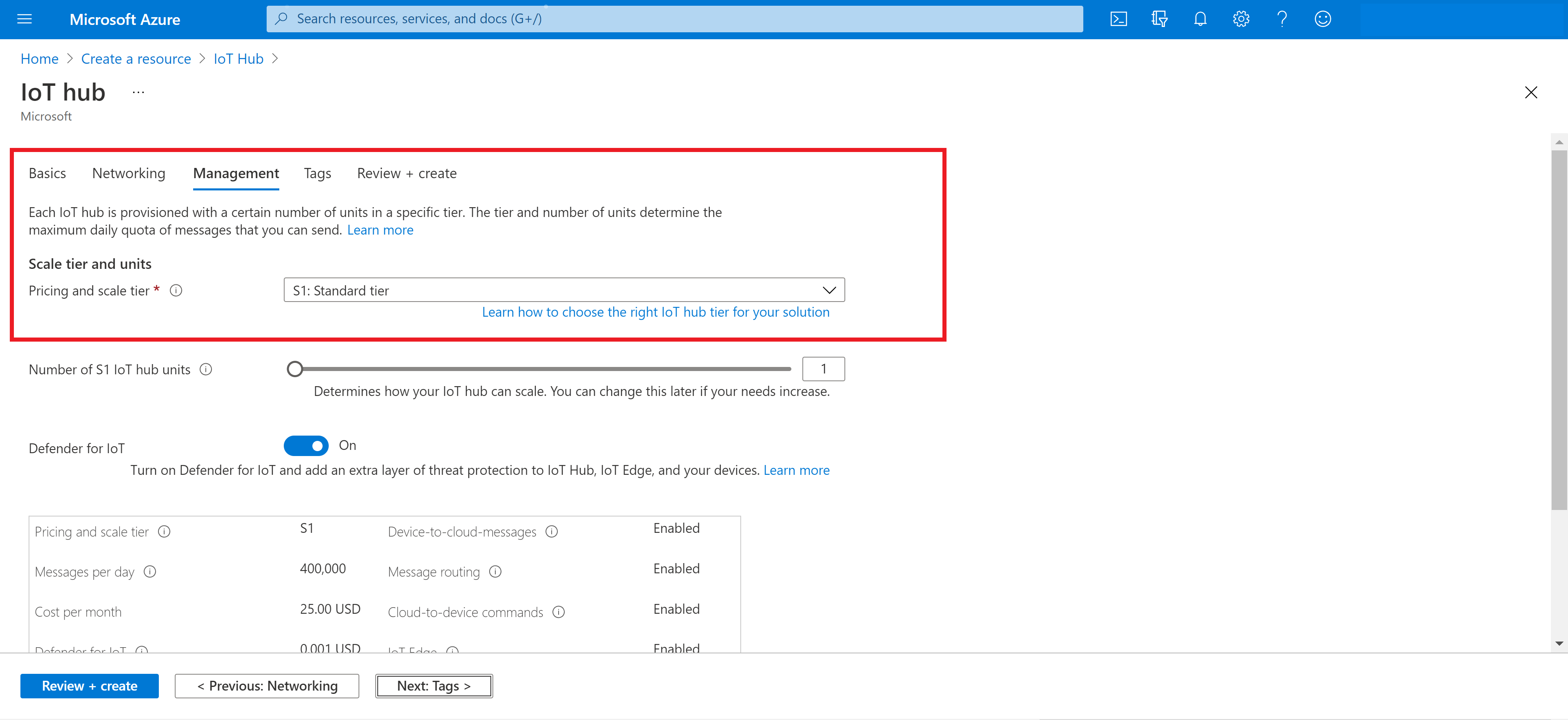 Management setting for IoT Hub