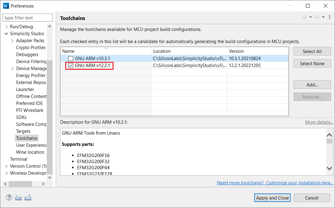 Select the GNU ARM v12.2.1 toolchain