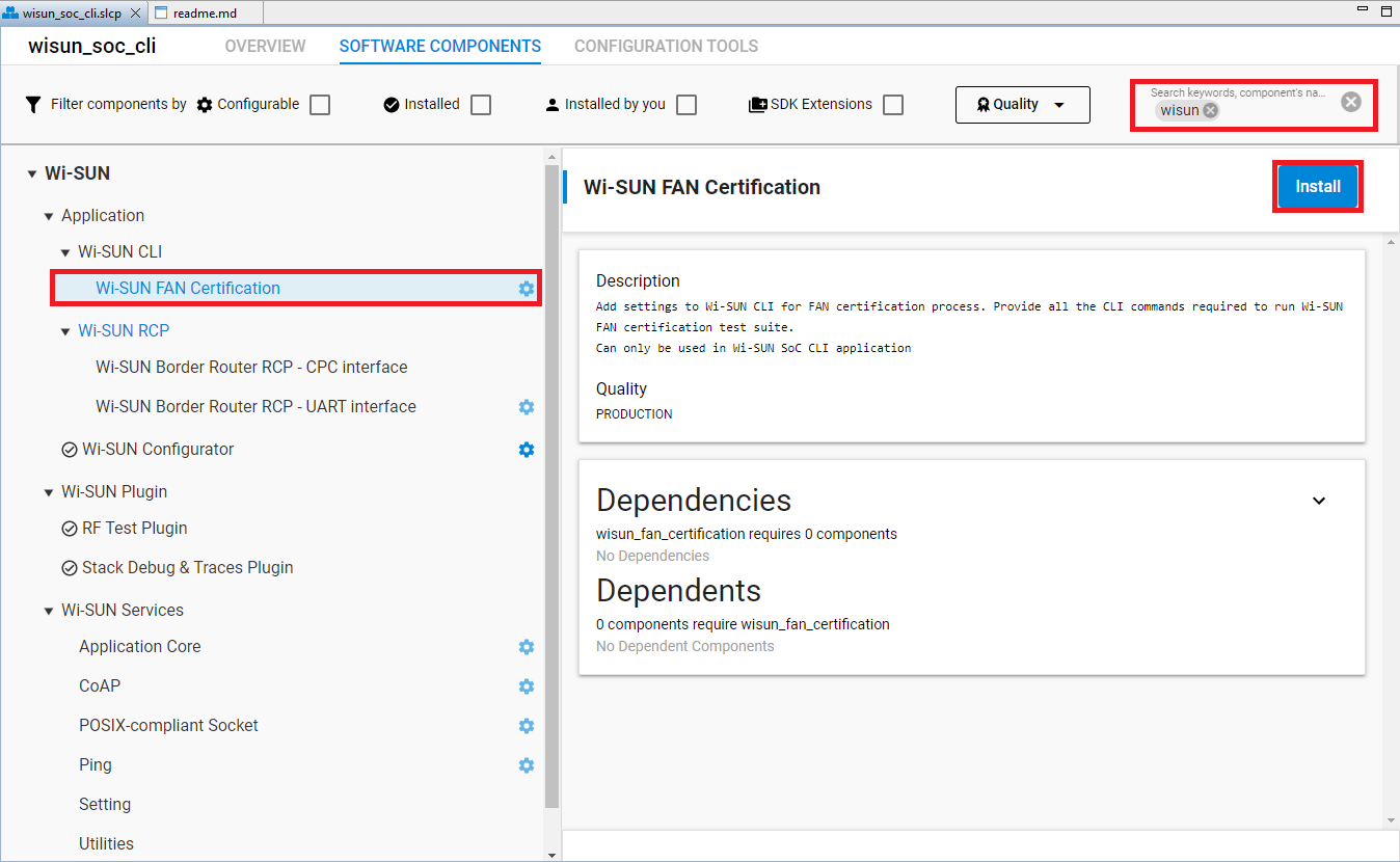Screenshot highlighting the Install button for Wi-SUN FAN Certification