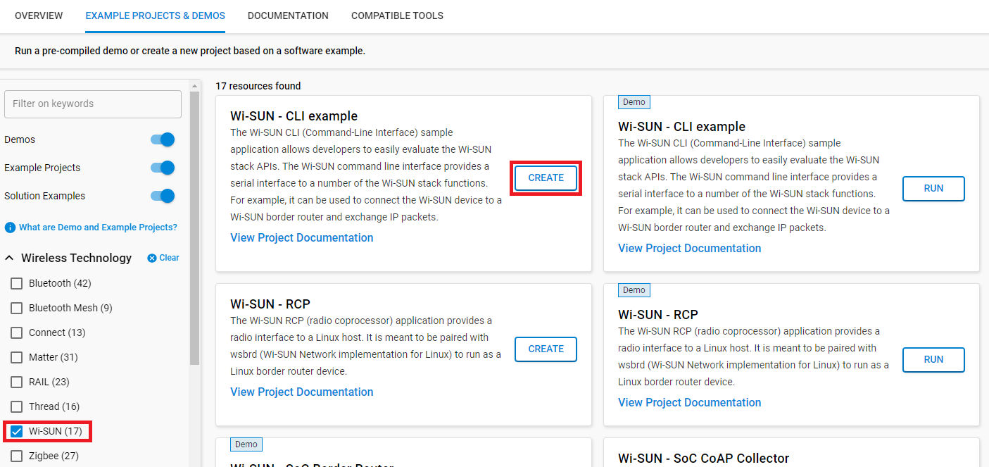 Screenshot highlighting the create button for the Wi-SUN CLI Example
