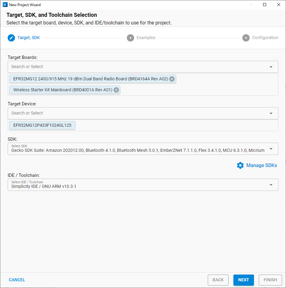 Target, SDK, and Toolchain selection