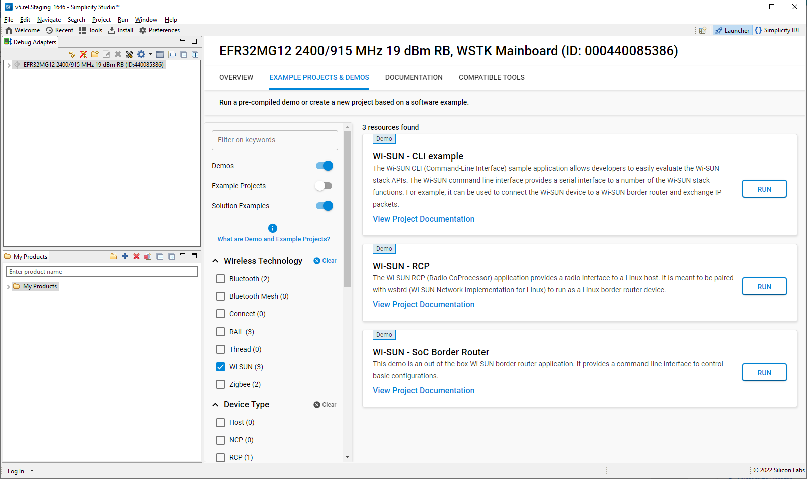 Examples and demos tab showing border router example