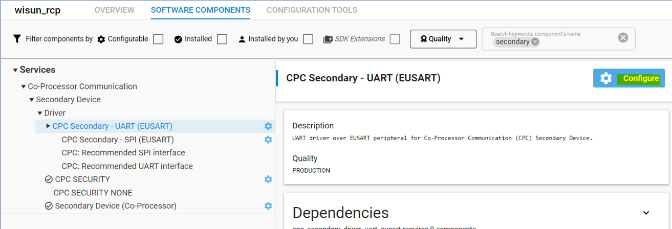 Screenshot showing selection of CPC Secondary - UART (EUSART) Configuration
