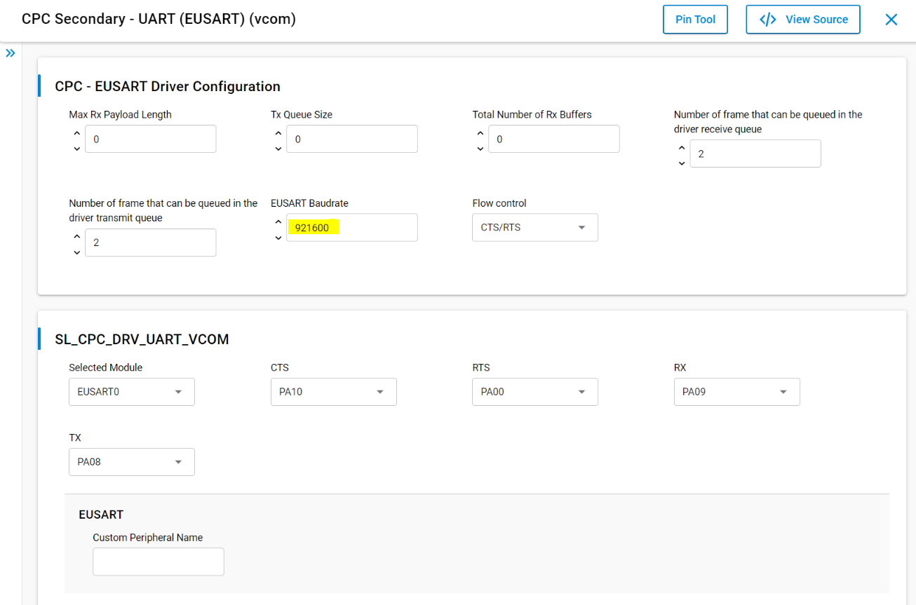 Screenshot showing CPC Secondary - UART (EUSART) Configuration
