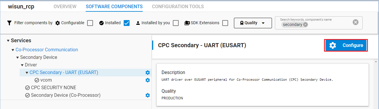 Screenshot showing selection of CPC Secondary - UART (EUSART) Configuration