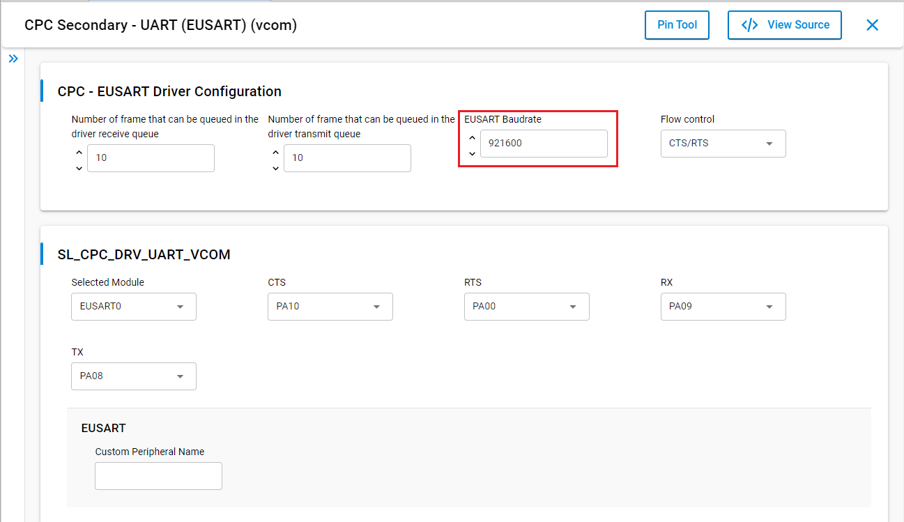 Screenshot showing CPC Secondary - UART (EUSART) Configuration