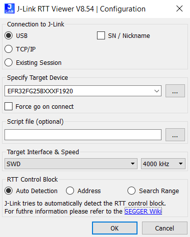 RTT viewer configuration