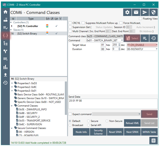 PC Controller, Command Classes View―Send Switch On Command
