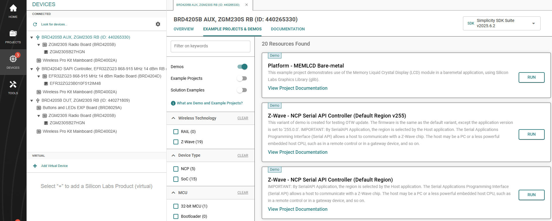 Simplicity Studio Snapshot Listing Pre-Built Z-Wave Demos
