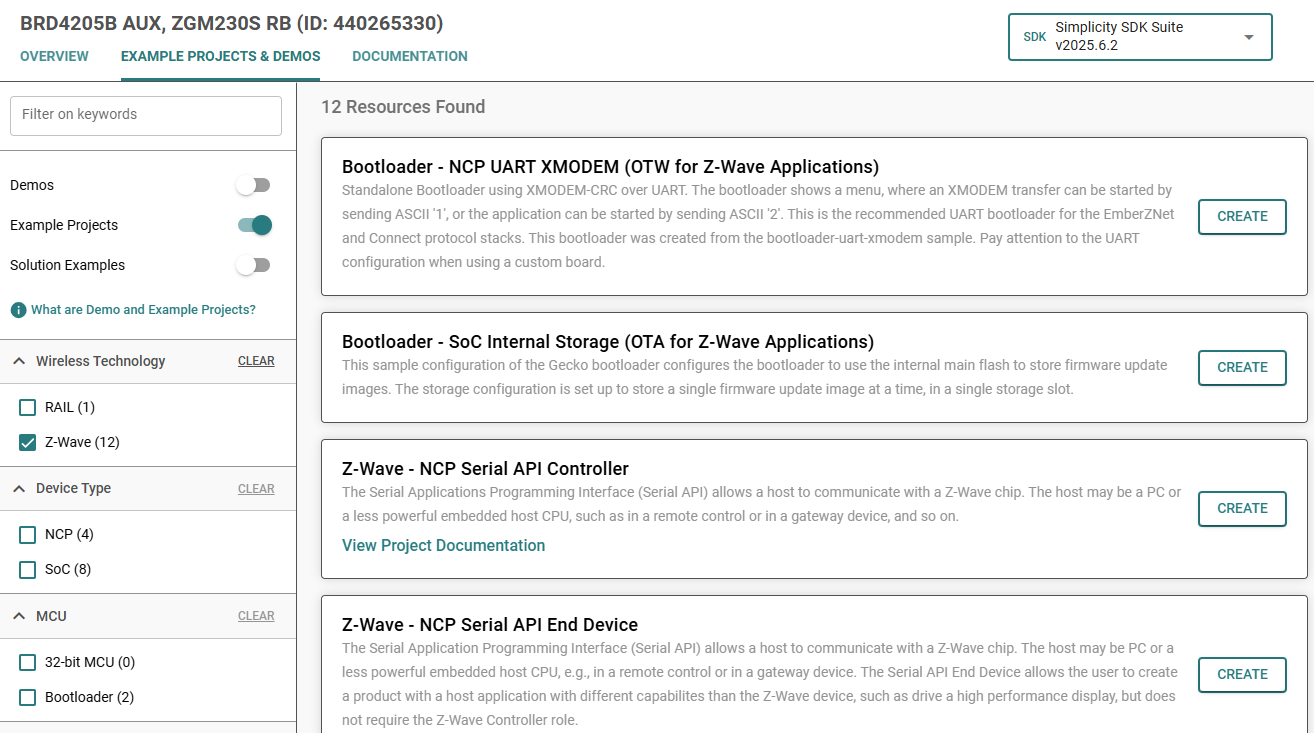 Simplicity Studio Snapshot Listing Z-Wave Sample Application Example Projects