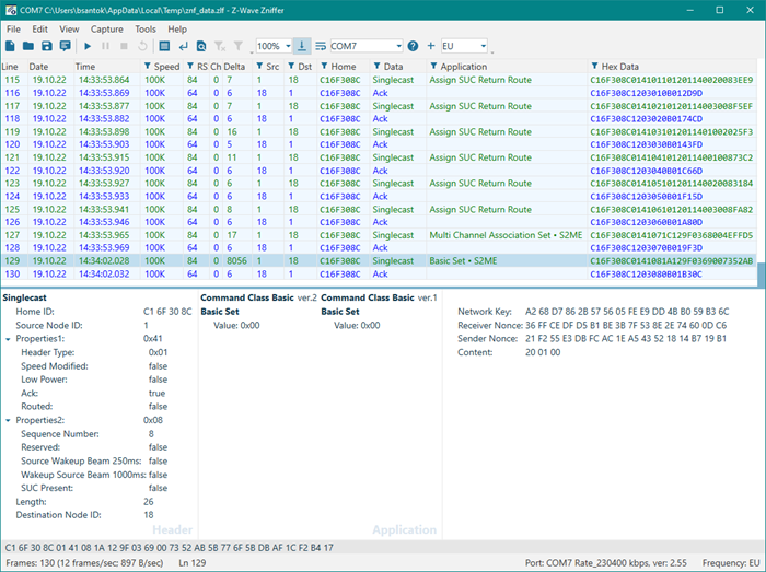 Zniffer Trace Showing a Decrypted S2 Frame for a Switch Binary Get