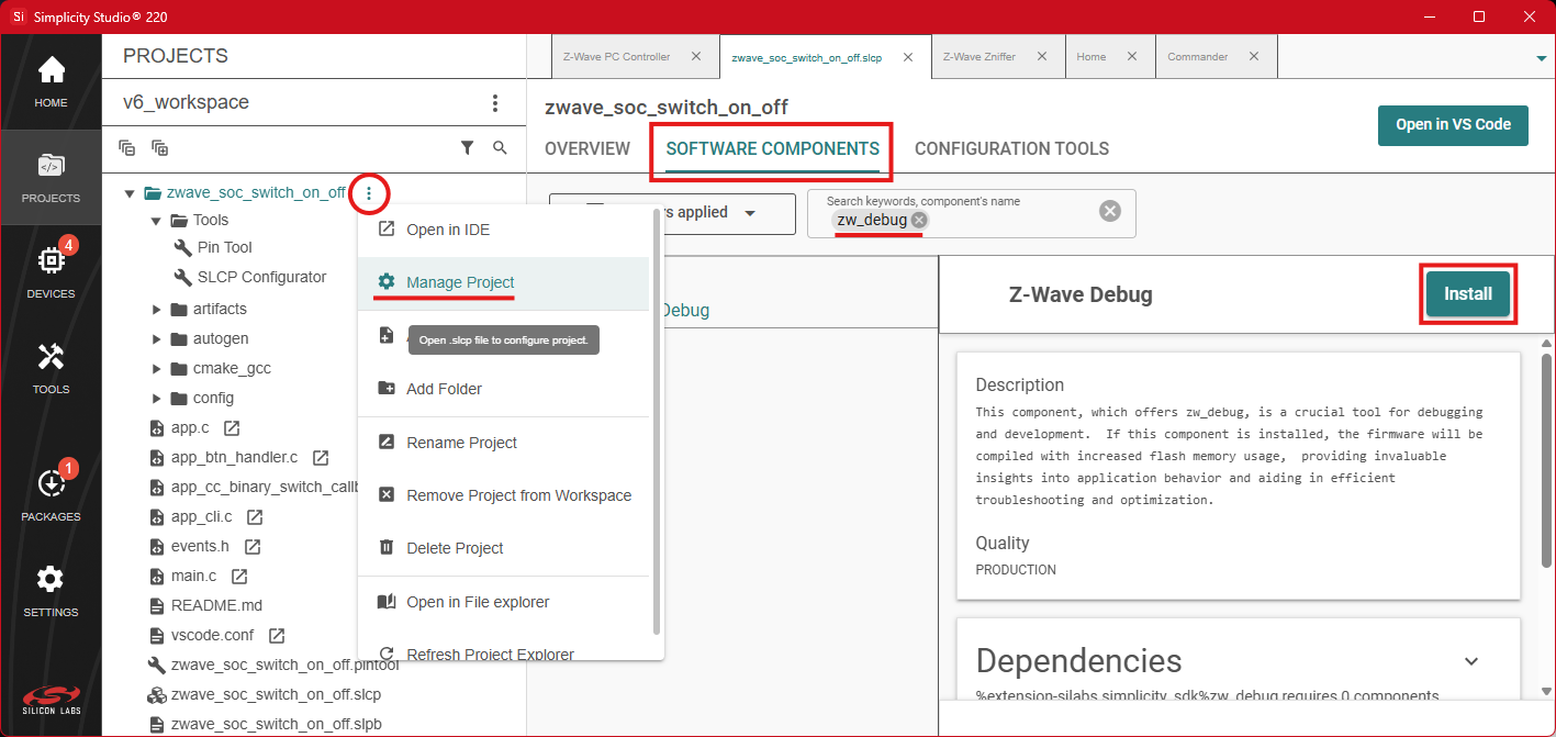 Installing the Z-Wave Debug component