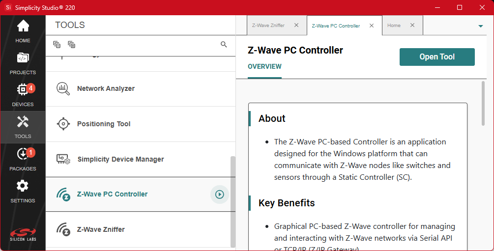 Launching the Z-Wave PC Controller from Simplicity Studio