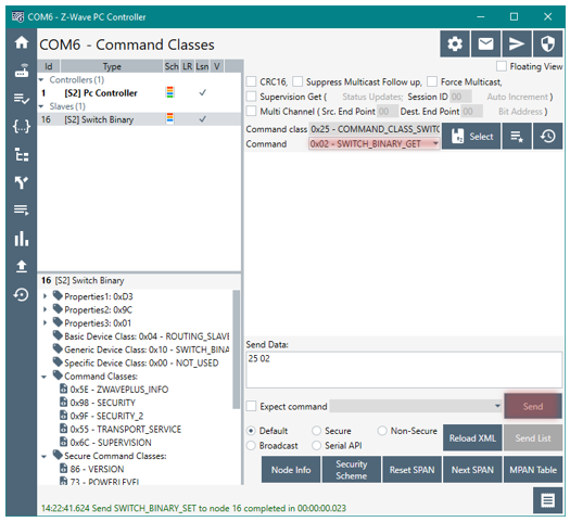 PC Controller, Command Classes View―Send Switch Get Command
