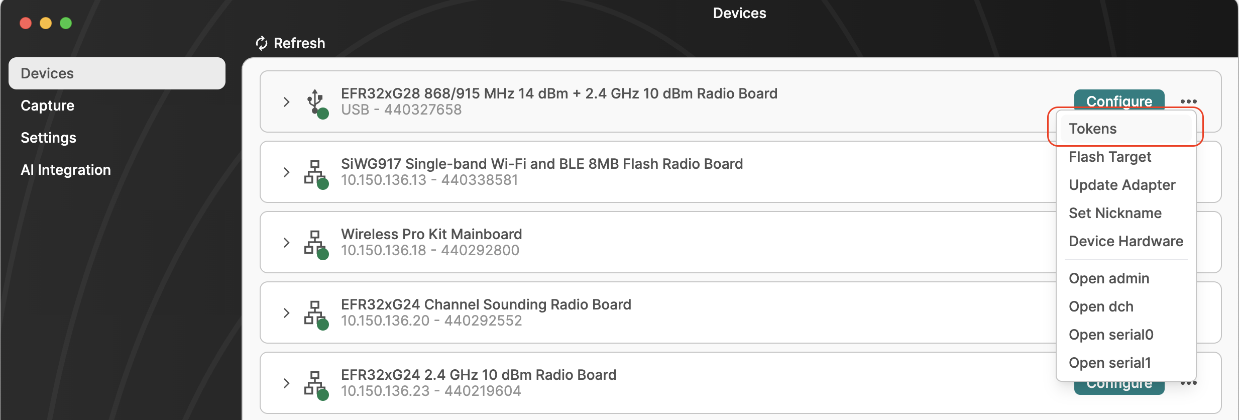 Selecting Tokens in Device Manager