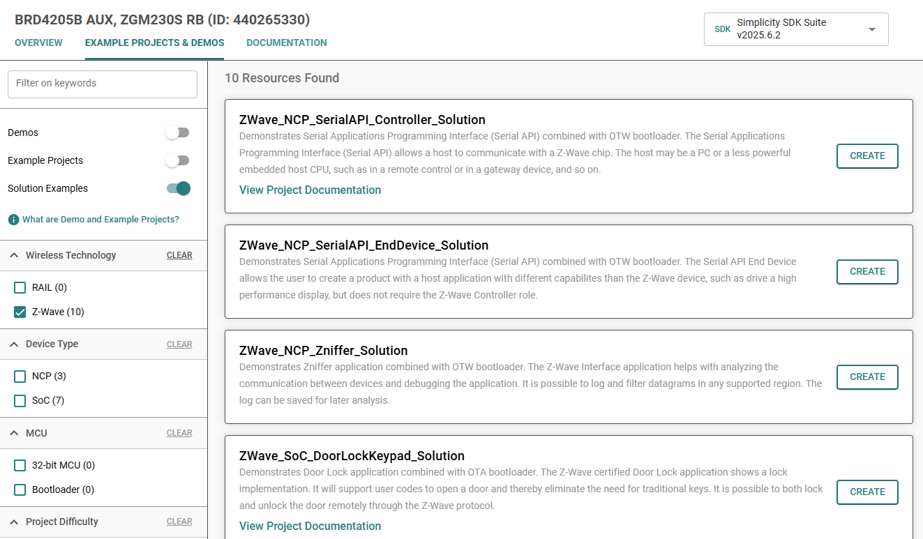 Simplicity Studio Snapshot Listing Z-Wave Solution Examples