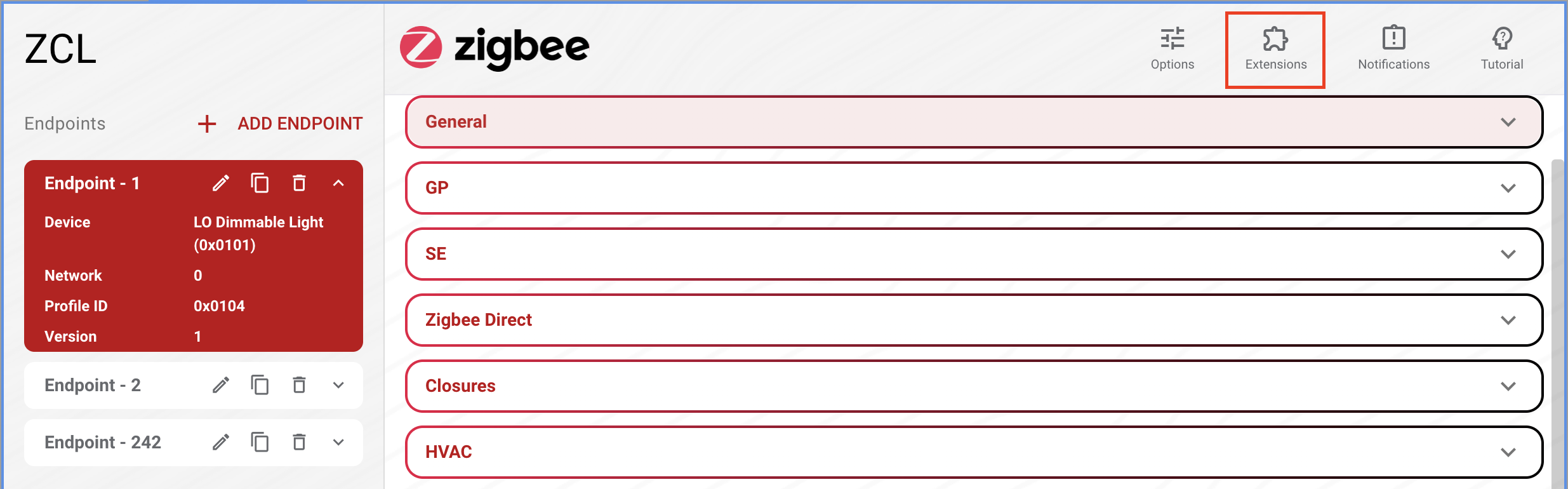 ZCL extensions interface